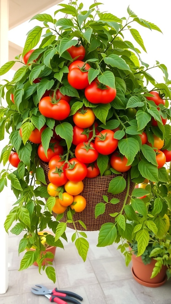 Hanging basket with ripe tomatoes and green foliage, set on a sunny patio.